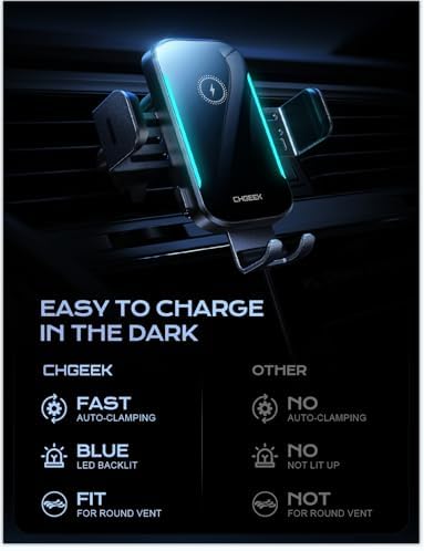 CHGeek 15 W Wireless Car Charger & Auto-Clamping Phone Holder – Fast Charging Air Vent Mount for i Phone 16/15/14/13/12 & Samsung S24/S23/S22 – Secure, Stylish, and Universal Compatibility for Safer Driving