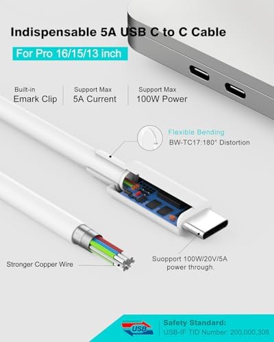 Ultra-Fast 10 ft USB-C Charger for Mac Book Pro & Air – 96 W Power Adapter with LED Indicator, Compatible with M1, M2, M3, M4 Models – Charge Your Device in Record Time! Experience lightning speed charging for your Mac Book Pro 16″ in just 1 hour and 47 minutes, and get your Mac Book Pro 14″ to 50% in only 30 minutes—outperforming standard 67 W chargers. This premium 100 W USB-C cable, featuring an advanced E-Mark chip, ensures maximum power delivery and data sync speeds of up to 480 Mbps. Designed to work seamlessly with a variety of devices including Surface Book, Dell, Lenovo, and i Pads, this charger offers enhanced compatibility for all your tech needs. The soft LED indicator and foldable plug enhance portability while providing protection against overcharging and short circuits. Elevate your charging experience with this essential accessory, making it perfect for travel and everyday use!