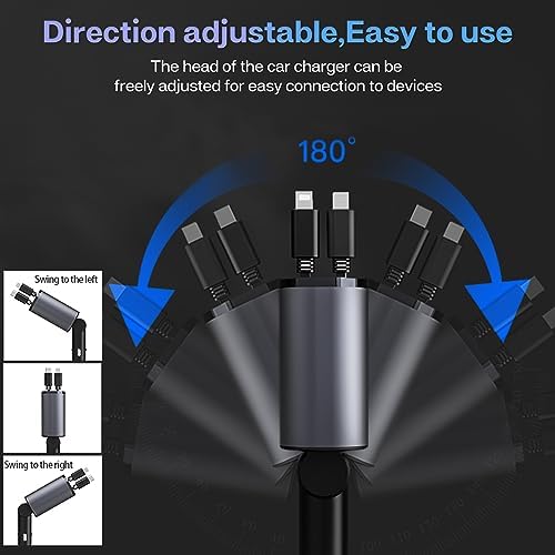 Ultimate 100 W Retractable Car Charger – 4 in 1 Fast Charging Solution for i Phone, Type C, and Android Devices – Dual Ports for Multi-Device Compatibility – Tangle-Free 31.5 Inch Cables – Ideal for i Phone 15/14/13/12 Pro Max, i Pad, Samsung, Pixel – Essential Travel Accessory for Efficient Power On-the-Go