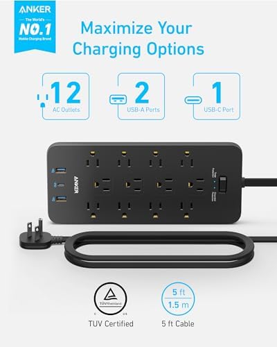 Anker 2100 Joules Surge Protector Power Strip with 12 AC Outlets and Flat Plug Design – 5 ft Space-Saving Extension Cord Featuring 1 USB-C and 2 USB-A Ports for 20 W Rapid Charging – Essential Charging Station for Home, Office, and Dorm with TUV Safety Certification