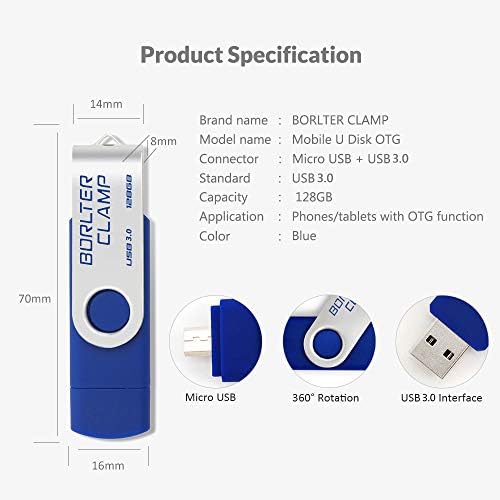 Borlter Clamp 128 GB USB 3.0 Flash Drive – Dual Port OTG Memory Stick with Micro USB for Android Devices & PCs, High-Speed Data Transfer & Portable Swivel Design, Ideal for Photos, Videos & Documents Storage