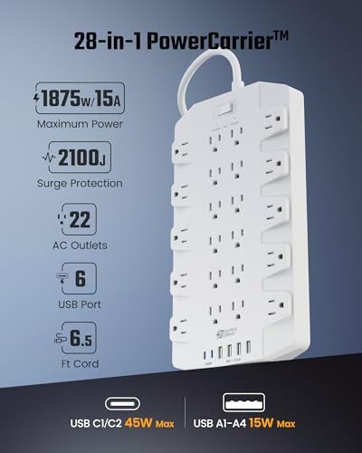 SUPERDANNY 22-Outlet Surge Protector Power Strip with 6.5 Ft Cord, 2 USB-C & 4 USB Ports – High-Capacity 1875 W/15 A with 2100 J Surge Protection for Home, Office, and Dorm Use – Wall Mount Design for Space-Saving Convenience