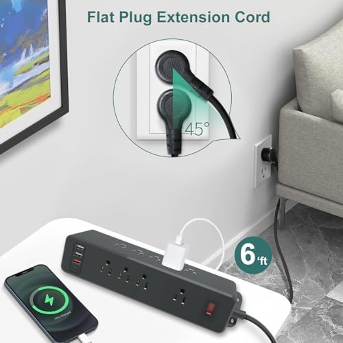 Maximize Your Charging Potential with Hdc Tek’s 9-Outlet Wall-Mount Power Strip – Featuring 3 Fast-Charging USB-A Ports & 1 PD USB-C Port, Sleek Flat Plug Design for Efficient Space Management, Ideal for Office, Home, and Dorm Use – Reliable Surge Protection & Stylish Black Finish for Modern Aesthetics