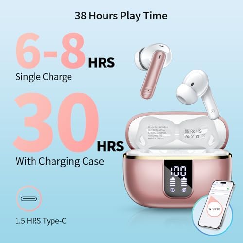 Advanced Bluetooth 5.4 Wireless Earbuds – Superior Deep Bass Audio with Noise-Canceling Mic, 38-Hour Battery Life, IPX7 Waterproof Rating, LED Battery Indicator – Optimized for Android & i OS, Tailored for Fitness Enthusiasts and Everyday Listening