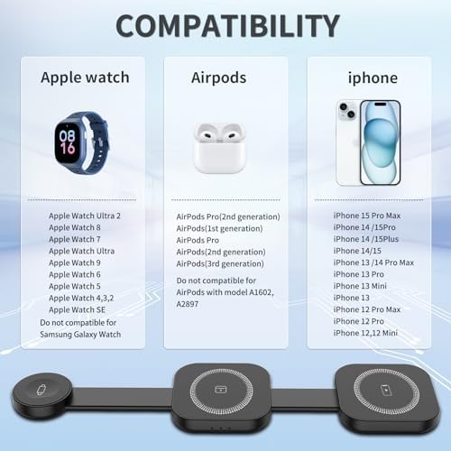 Ultimate 4-in-1 Foldable Wireless Charging Station: Fast Charger for i Phone 11-16, Apple Watch, Air Pods & Galaxy S9-S23 – Portable, Space-Saving Dock with Adapter in Sleek Black for Enhanced Compatibility and Quick Power-Up Solutions