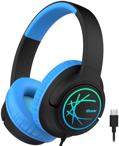 i Clever Kids Headphones: Safe 85 d B Volume Limit, Ergonomic Foldable Design, Superior Stereo Sound, 3.5 mm Jack Compatibility – Ideal for Travel, School & Home Use – Stylish Blue-Green for Boys & Girls