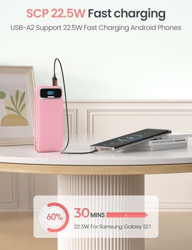 12000 m Ah Ultra-Light Portable Power Bank with Built-In Cables & AC Wall Plug – PD20 W USB-C Fast Charging for i Phone, Samsung & Android – LED Display for Battery Monitoring – Ultimate Travel Companion for Quick Device Recharging