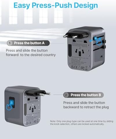 VINTAR Universal Travel Adapter: All-in-One Power Converter with 6 A Output, 3 USB-C and 2 USB Ports for Fast Global Charging Across Europe, UK, USA, and Australia – Essential Travel Accessory for Effortless Device Connectivity and Safety Features