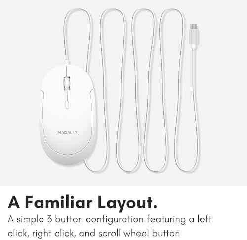 Ergonomic Macally Wired USB C Mouse – Precision Optical Sensor with Adjustable DPI (800/1200/1600/2400) for Seamless Mac & Windows Experience – Compact, Ambidextrous Design for Left and Right-Handed Users – Effortless Navigation with 3 Buttons & Scroll Wheel – Perfect Travel Companion for Enhanced Productivity