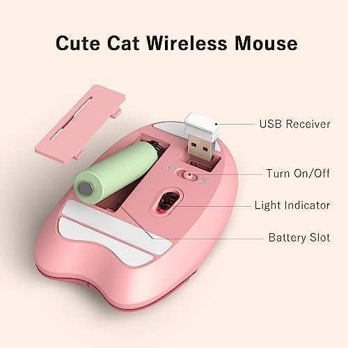 Adorable Pink Cat Wireless Silent Mouse – 2.4 GHz Plug and Play Optical Companion for Laptop & PC – Compact, Noise-Free Design Perfect for Home, Office, and Study Sessions – Cute Cat-Themed USB Nano Receiver Included