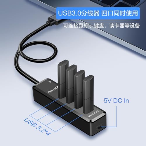 Smart Q H302 USB 3.0 Hub – 4-Port Connectivity Solution with Long Cable Options for Seamless Data Transfer up to 5 Gbps, Micro-B Charging for All Devices, Includes USB C Adapter – Boost Your Productivity & Versatile Workspace Efficiency