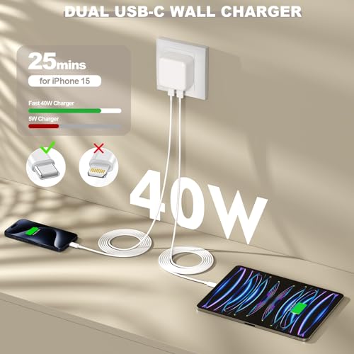 Rapid Charge i Phone 15 & 16 Dual USB-C Adapter Set – 40 W Fast Charging Block with Two 10 FT Cables for i Pad & i Phone Accessories – Optimal Power Delivery for i Phone 15 Pro/Pro Max & i Pad Mini/Air/Pro – Portable Convenience & High Compatibility