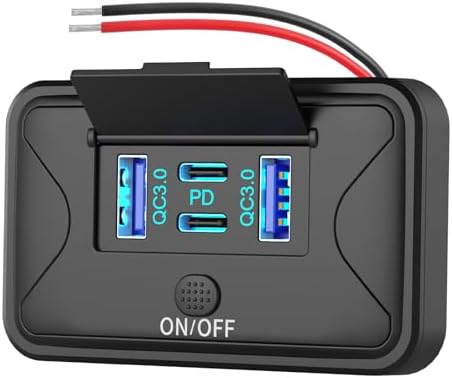 78 W 4-Port 12 V USB Wall Charger – High-Speed Dual 36 W PD & 18 W QC3.0 Ports for Bus, RV, Truck, Marine & Golf Cart – Compact Surface Mount with Convenient Button Switch for Effortless Charging on the Go