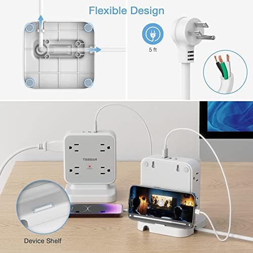 TESSAN Power Strip Tower Surge Protector: 8 AC Outlets & 3 USB Ports (1 USB-C) with 900 Joules Protection, 5 FT Flat Plug Extension Cord – Ultimate Desk Charging Station for Home Office and Dorm Room Efficiency