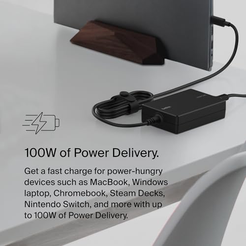 Belkin 100 W Ga N USB-C Power Adapter – Ultra-Fast Charging Solution with Universal Compatibility for Mac Book Pro, Windows, Chromebooks, and Gaming Consoles | Compact Design with 8 ft Power Cable | Enhanced Safety Features and 2-Year Warranty | Sustainable Tech Innovation