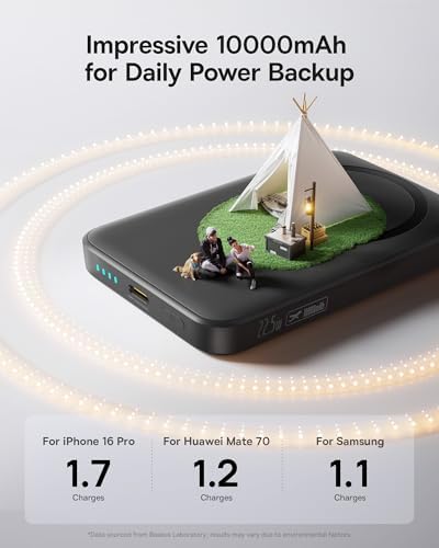 Baseus Mag Safe Power Bank 10,000 m Ah – Qi2 Certified 15 W Wireless Charger with 22.5 W USB-C Fast Charging for i Phone 16/15/14/13/12 Pro Series – Lightweight, Magnetic Battery Pack for Effortless On-the-Go Charging