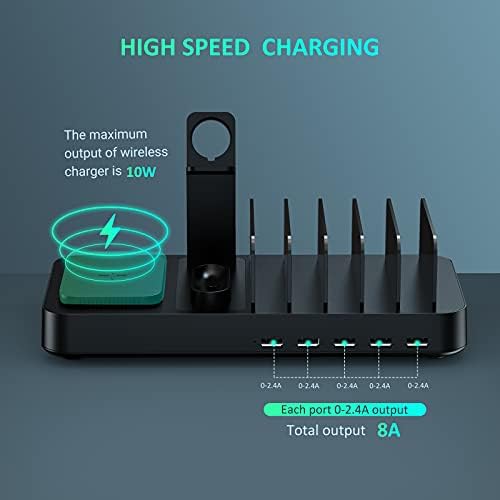 Ultimate 8-in-1 Wireless Charging Hub: Ultra-Fast 10 W Dock for i Phones, i Pads, Androids & More – Seamlessly Charge Multiple Devices with Dedicated Stands for Apple Watch & Air Pods – Includes 9 Versatile Cables for Maximum Compatibility – Stylish Black Design Perfect for Home and Office Organization