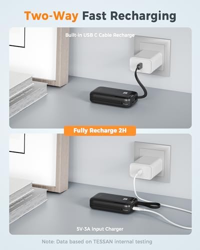 TESSAN 10000 m Ah Fast Charging Portable Power Bank with Built-in USB-C Cable – Compact Battery Pack for i Phone 16/15, Samsung & Tablets – Ultimate Travel Companion with Universal Compatibility & Rapid Recharge Technology