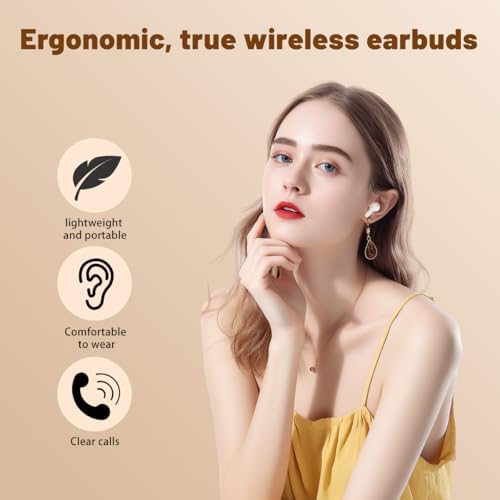 Unleash Your Music with 50-Hour Playtime Wireless Bluetooth Earbuds – IPX7 Waterproof & Noise-Cancelling Technology for Active Lifestyles | Ergonomic Chic Beige Design with Integrated Microphone & LED Battery Gauge for Effortless Connectivity and Ultimate Comfort