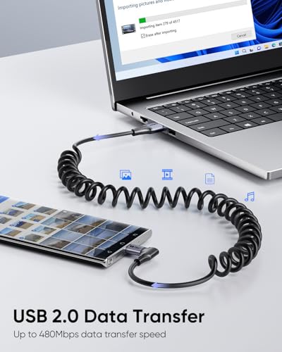 Premium SUNGUY Coiled USB C Cable 5 FT [2 Pack] – 90-Degree Right Angle Design for Optimal Charging in Cars & Home, Fast Charging Compatibility with i Phone 16/15 Pro/Pro Max/Plus, Samsung Galaxy S24/S23/S22 – Tangle-Free, Durable, and Efficient USB Type C Solution for Android Auto & Car Play