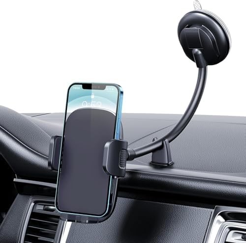 Qifutan Premium Anti-Shake Car Phone Holder with Long Arm Design – Universal Dashboard & Windshield Mount for All Smartphones, Enhanced Stability & Safety for Hands-Free Driving, Black