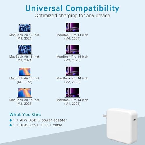 Ultra-Fast 70 W USB-C Charger for Mac Book Air & Pro (2020-2025) – High-Speed Power Adapter with 6.6 FT Cable, Rapidly Charges M1, M2, M3 Models in Under 2 Hours – Compact, Universal Compatibility with Enhanced Protection – Ideal for On-the-Go Professionals and Students