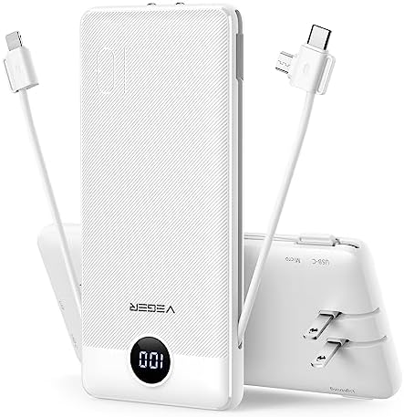 VEGER Ultra-Slim 10,000 m Ah Portable Charger with Built-in Cables and Integrated Wall Plug – Fast Charging Power Bank for i Phone, i Pad, Samsung, and More – Essential Travel Battery Pack for On-the-Go Charging and Enhanced Device Compatibility