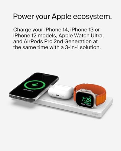 Belkin 15 W Mag Safe-Compatible 2-in-1 Wireless Charging Station – Fast Dual Device Charger for i Phone 16, 15, 14, 13 Series & Air Pods – Sleek Sand Design for Effortless Portability and Seamless Power Solutions