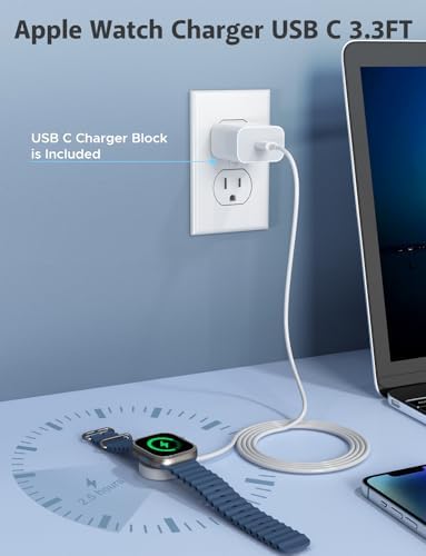 Revolutionize Your Apple Watch Charging: 6.6 ft USB-C Magnetic Charger with 20 W Power Block – Ultra-Fast, Reliable Connection for All Apple Watch Series Models Including Ultra – Stylish White Design for Effortless Convenience and Functionality