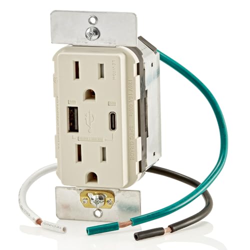 Leviton 60 W Dual USB Type A/Type-C In-Wall Charger – Fast, Efficient Power Delivery Solution for Smartphones, Tablets & Laptops – Tamper-Resistant Outlet in Light Almond for Safe, Clutter-Free Charging Experience – Perfect for Home and Office Use