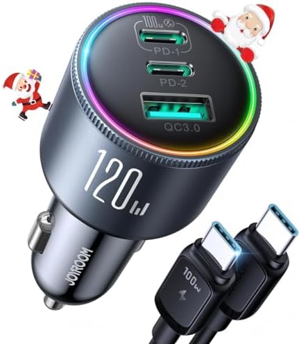 JOYROOM 120 W Ultra-Fast Car Charger with 3 Ports – PD100 W & PD35 W USB-C Fast Charging Adapter for i Phone 16, 15 Pro Max, Samsung Galaxy S25, S24, i Pads, and Laptops – Includes Premium USB-C Cable for Enhanced Compatibility and Safety on the Go