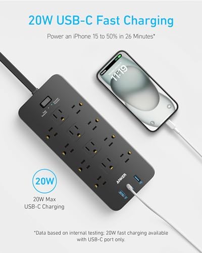 Anker 2100 Joules Surge Protector Power Strip with 12 AC Outlets and Flat Plug Design – 5 ft Space-Saving Extension Cord Featuring 1 USB-C and 2 USB-A Ports for 20 W Rapid Charging – Essential Charging Station for Home, Office, and Dorm with TUV Safety Certification