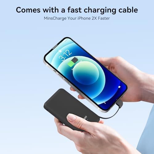 Mini 5000 m Ah Portable Power Bank with Integrated Cables and AC Plug – USB-C Fast Charging for i Phone & Android Devices – Ultra-Compact External Battery for On-the-Go Lifestyle – Essential Tech Accessory for Seamless Connectivity