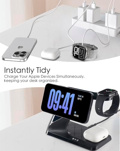 All-in-One Wireless Charging Hub for Apple Devices – Fast Mag-Safe Charger Stand for i Phone 16/15/14/13/12 Series, Air Pods & Apple Watch – Streamlined Design for Home & Office Efficiency