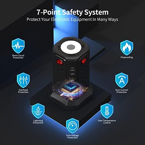 PASSUS Surge Protector Power Strip Tower with 12 AC Outlets and 5 High-Speed USB Ports – 10 FT Extension Cord with Overload Protection and Built-In Night Light for Home Office and Dorm Room – Sleek Black Design for Ultimate Charging Efficiency