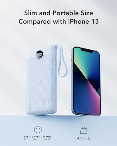 VRURC 10000 m Ah Portable Power Bank with Integrated Cables and LED Battery Indicator – Slim, Lightweight Travel Charger with Dual Input and Five Outputs for Effortless Device Charging – Ideal for Smartphones and Tech Gadgets – Stylish Blue Design (1 Pack) – Ultimate Convenience and Compatibility