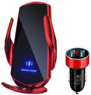 HITech Pro Smart 15 W Qi Fast Wireless Car Charger Holder with Magnetic Mount & Dual-Port Adapter – Sleek Red Design Compatible with i Phone & Samsung for Effortless On-the-Go Charging and Enhanced Vehicle Aesthetics