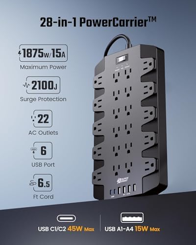 SUPERDANNY 22-Outlet Surge Protector Power Strip with 6.5 Ft Cord, 2 USB-C & 4 USB Ports – High-Capacity 1875 W/15 A with 2100 J Surge Protection for Home, Office, and Dorm Use – Wall Mount Design for Space-Saving Convenience