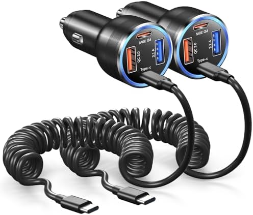 Bangfun 65 W USB C Car Charger – 4-Port Dual 12 V Fast Charging Adapter with PD & QC3.0 Technology, Includes 5 ft Type C Coiled Cable for i Phone 15/16 Pro Max and Samsung S25 – Ultimate Power Solution for Road Trips and Family Travel
