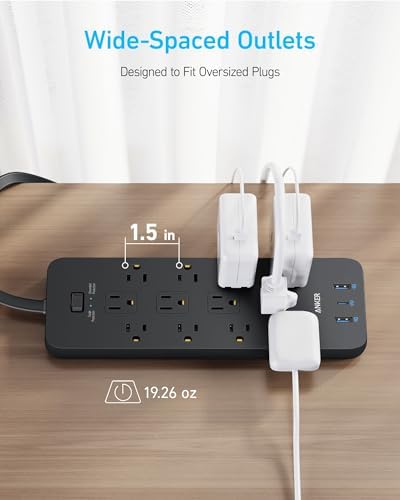 Anker 2100 Joules Surge Protector Power Strip with 12 AC Outlets and Flat Plug Design – 5 ft Space-Saving Extension Cord Featuring 1 USB-C and 2 USB-A Ports for 20 W Rapid Charging – Essential Charging Station for Home, Office, and Dorm with TUV Safety Certification