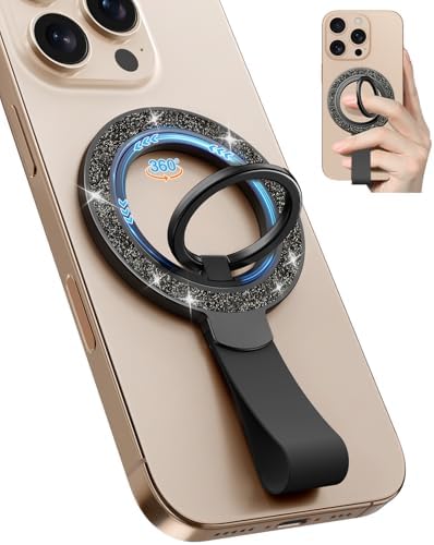 Tycamp Mag Safe-Compatible Glitter Phone Grip Ring Holder Stand for i Phone 16/15/14/13/12 Series – Stylish Magnetic Phone Accessory with Removable Rotating Design for Enhanced Grip and Glam Appeal in Black – Secure Attachment for Selfies, Texting, and Viewing