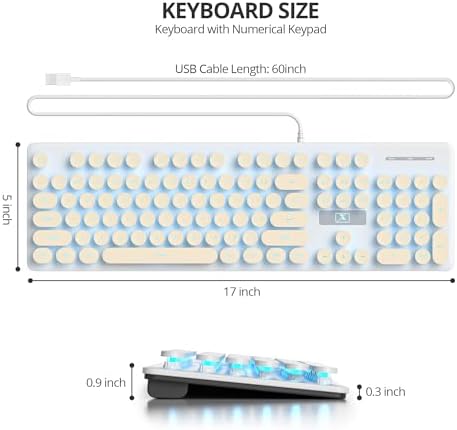 Elevate Your Workspace with the Fogruaden Retro Typewriter Keyboard – Stylish Full-Size USB Design, 104 Round Keys, and White LED Backlighting for Effortless Night Use, Ergonomic & Silent Membrane Keys Perfect for Windows PC and Laptops, Ideal for Writers and Gamers Seeking a Unique Vintage Touch