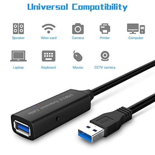 RSHTECH 32-Foot USB 3.0 Active Extension Cable with 5 V 2 A Power Adapter – High-Speed Male to Female USB Extender with Built-in Signal Boosters for Gaming Consoles and Peripherals – Unmatched Data Transfer and Versatile Compatibility
