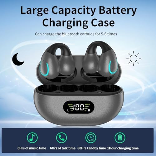 Open Ear Clip-On Bluetooth 5.3 Headphones – Advanced Bone Conduction Wireless Earbuds with IPX7 Waterproofing and Digital Display Charging Case – Ultra-Lightweight Fitness Earphones for Enhanced Outdoor Performance and Safety Awareness – Built-in Microphone for Clear Calls and Seamless Connectivity