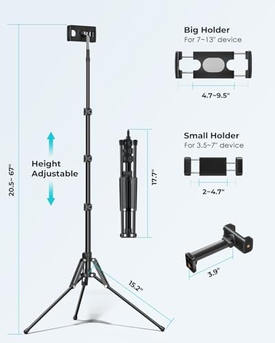 Viozon 67” Adjustable Aluminum Tablet Floor Stand – Ultimate Tripod for Video Recording & Photography, Compatible with 3.5-13” Devices, i Pad Pro & i Phone 15 – Versatile, Portable & User-Friendly Solution for Seamless Content Creation