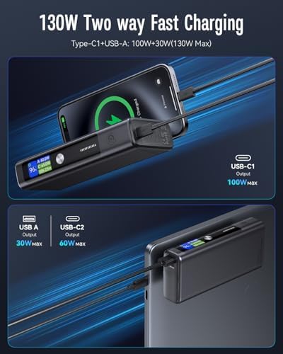 High-Power 130 W Portable Charger – 18,400 m Ah USB-C PD Power Bank with Smart Digital Display for i Phone 16/15/14/13, Samsung, Mac Book & More – Fast Multi-Device Charging Solution for Travel and Remote Work