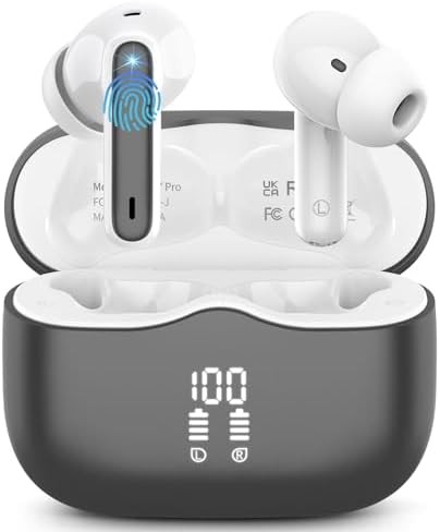 Elevate Your Sound Experience with Next-Gen Bluetooth 5.4 Wireless Earbuds – Premium Hi-Fi Audio Quality, 40-Hour Battery Life, and Advanced 4-Microphone Noise Cancellation for Crystal-Clear Calls – Rugged IP7 Waterproof Design in Sleek Dark Grey for Stylish Durability