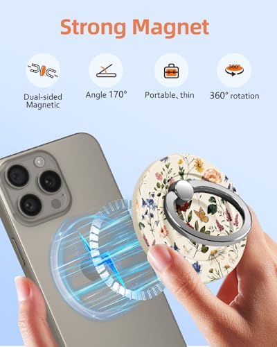 Tycamp Vintage Floral Magnetic Phone Grip – Chic Mag Safe-Compatible Ring Holder for i Phone 16/15/14/13/12 Series – Adorable & Practical Phone Stand for Women and Girls – Superior Grip for Safe Handling & Effortless Selfie Capture