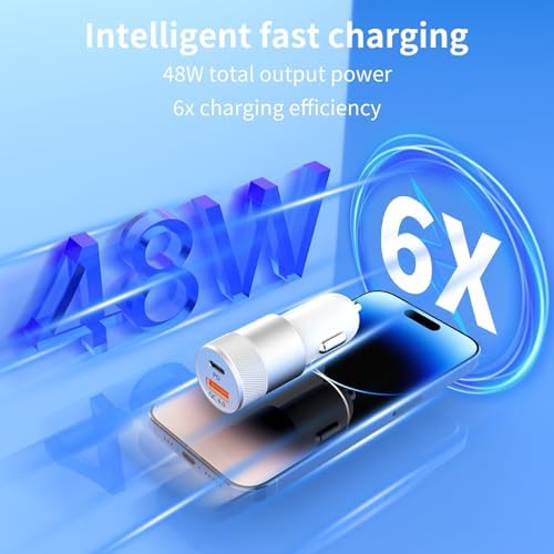 48 W Dual Port USB-C Car Charger with Lightning Cables – Apple MFi Certified Fast Charging Solution for i Phone, i Pad, and Air Pods – Durable All-Metal Design for Enhanced Portability and Efficiency – Ideal for Car Play and On-the-Go Charging Needs