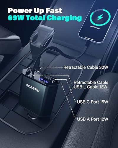 Rapid Charge Retractable Car Charger 69 W – Versatile 4-in-1 Accessory for i Phone 16/15/14 & Android Devices, Dual USB-A & USB-C Ports, Tangle-Free Travel Essential for Men & Women, Enhanced Fast Charging Solution for Road Trips